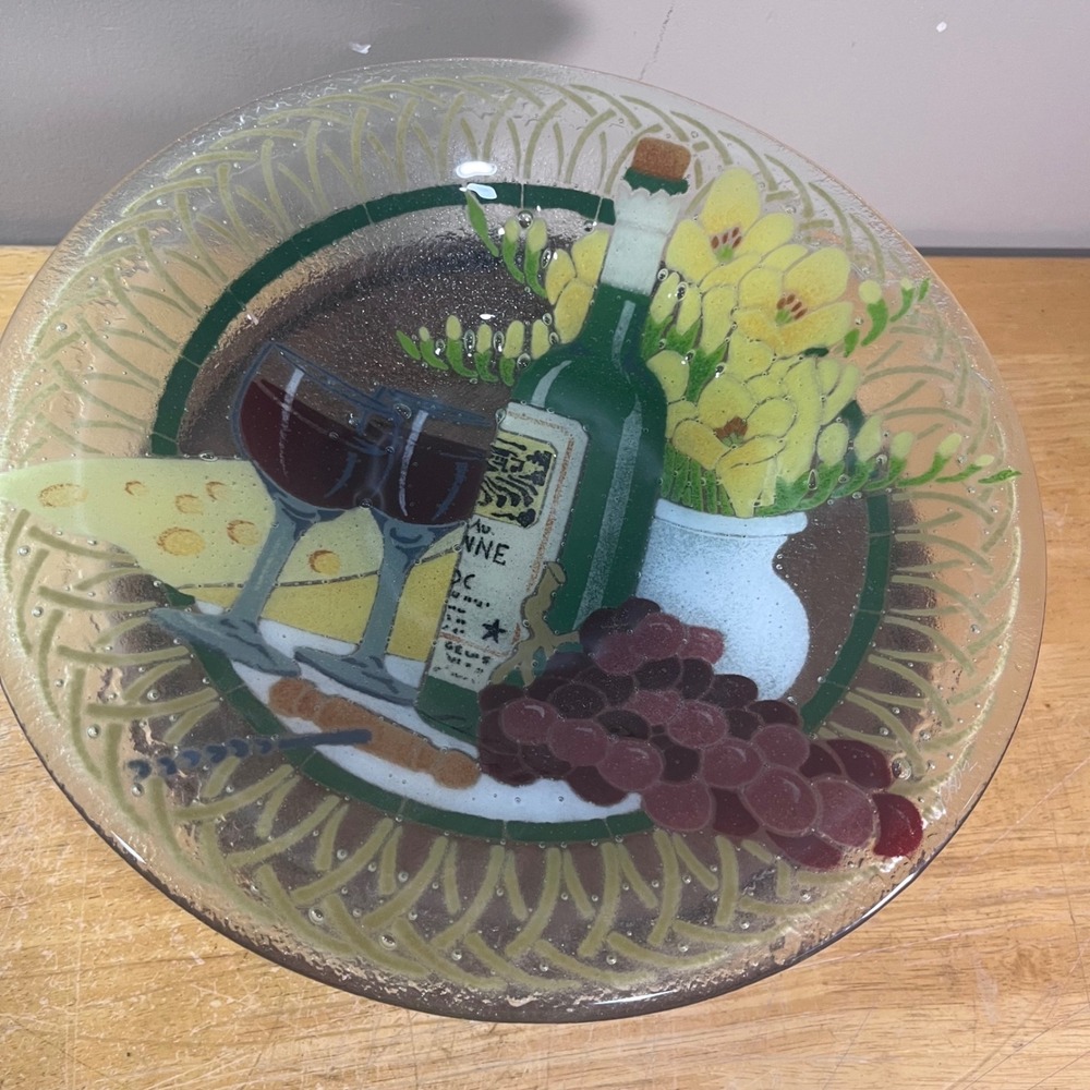 Peggy Karr Fused Glass Bowl Vtg Wine Grapes Flowers 12" Green Yellow Handcrafted